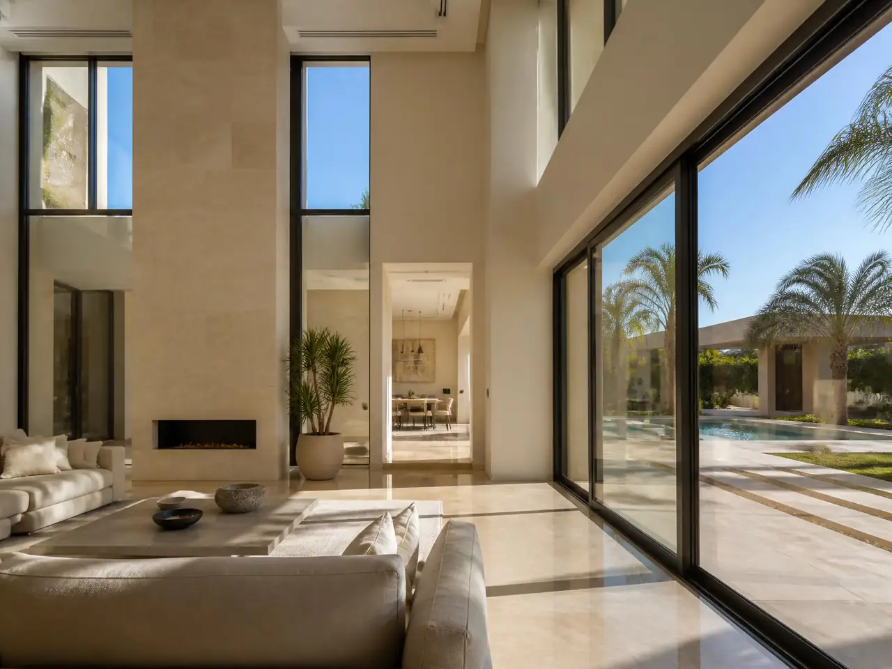 Slim aluminium windows set into a light residential wall