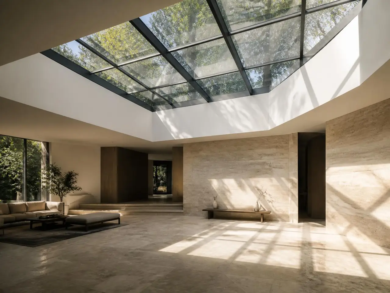 Glazed skylight bringing daylight into a double-height interior